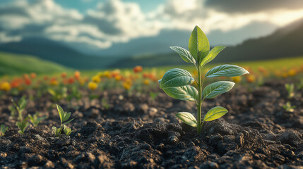 A small green plant is growing in the dirt