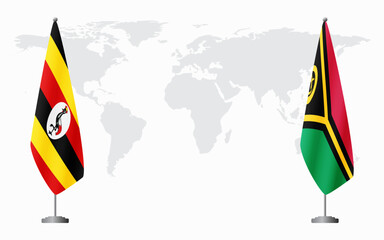 Uganda and Vanuatu flags for official meeting against background of world map.