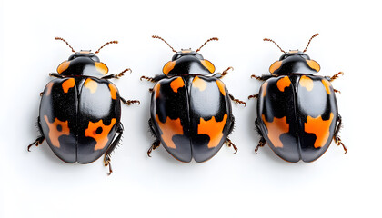 three black ladybirds with orange spots isolated on white