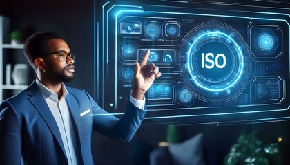 Person Touching Futuristic Screen Display Showing ISO Standards Quality Control and Assurance Technology for Business Processes