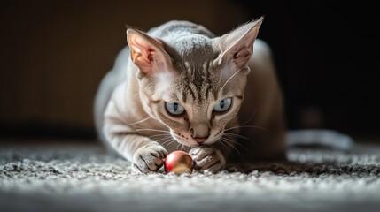 Wall Mural - A playful cat with striking blue eyes interacts with a small ball on a textured surface.