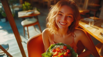 A woman is smiling and holding a salad in a bowl. The salad is full of tomatoes and lettuce