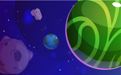 Wall Mural - Cartoon space game landscape, planets in cosmic space with earth, falling meteor asteroid, vector fantasy alien universe