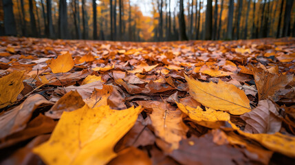 Sticker - Close-up of vibrant orange and brown fallen autumn leaves on the forest floor, with a blurred background of tall trees. The image captures the essence of fall foliage.