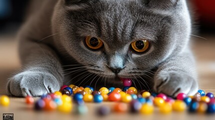 A playful gray cat curiously interacts with colorful balls scattered on the floor.