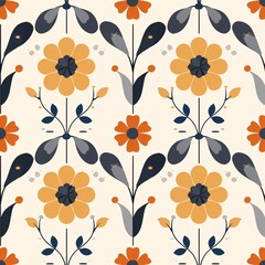 Wall Mural - Floral Symphony: Seamless Pattern with Orange and Red Flowers 