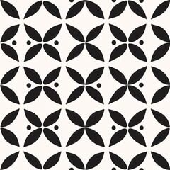 Poster - Geometric Floral Symmetry: A minimalist black and white pattern featuring stylized floral elements in a Seamless Pattern tessellation.