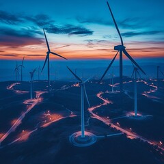 Sticker - Aerial view of wind turbines on a hill at dusk.