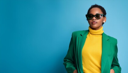 Stylish African American woman in vibrant green jacket , yellow sweater with sunglasses posing confidently against blue background, fashion-forward autumn look with modern accessories, expressive mood