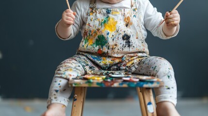 A spirited young child, dressed in paint-splattered clothes, holds two paintbrushes while sitting on a wooden stool, fully immersed in their colorful painting activity.