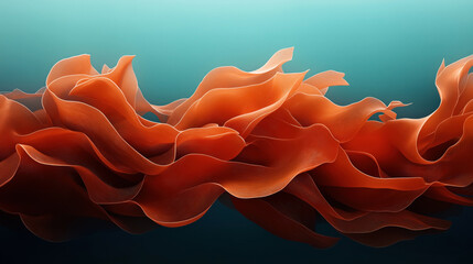 Poster - Abstract image featuring elegant flowing red-orange ribbons or waves resembling underwater seaweed or fabric, set against a teal gradient background.