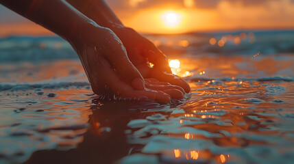 Touching the ocean water in front of a beautiful winter sunset