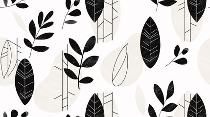 Poster - Abstract Black and White Leaf Seamless Pattern: A minimalist yet sophisticated seamless pattern featuring black leaves and branches against a white background with subtle gray accents