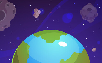 Wall Mural - Cartoon space game landscape, Earth planet in cosmic space with stars and asteroid, vector universe background Astronomy