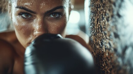 A focused and determined woman gears up for a boxing session, with sweat glistening on her skin and one boxing glove in focus, highlighting her fierce and strong determination.