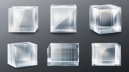 Plastic or glass cube in different angle view, clear square box, crystal block, aquarium or exhibit podium, glossy geometric object isolated on transparent background, Realistic 3d vector illustration