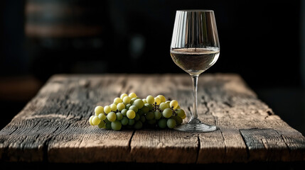 Poster - A glass of white wine and a bunch of green grapes are placed on a rustic wooden table, with a dark, blurred background creating a warm, intimate atmosphere.