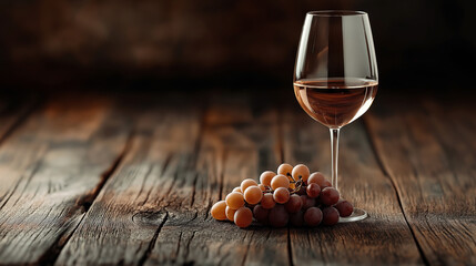 Wall Mural - A glass of rose wine next to a bunch of red grapes on a rustic wooden table, with a dark blurred background. The image exudes a cozy, warm atmosphere.