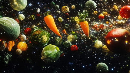 Wall Mural - A surreal composition of vegetables floating in space, with each vegetable glowing softly against a backdrop of stars