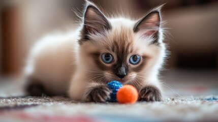 A playful kitten with blue eyes interacts with colorful balls on a soft surface.