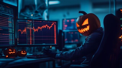 Wall Mural - A pumpkin headed trader intently analyzes the eerie trends and market data displayed on glowing computer screens in a dark spooky trading environment during the Halloween season