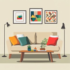 Wall Mural - Beige sofa with colorful cushions, coffee table and lamps in a modern living room.