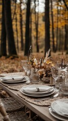 Canvas Print - A table set for a thanksgiving dinner in the woods