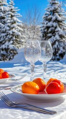 Canvas Print - A plate of oranges and two wine glasses on a table