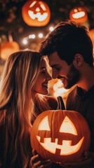 Wall Mural - A man and a woman holding a carved pumpkin