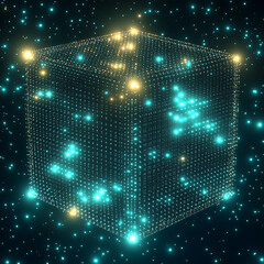 Poster - Futuristic 3D Cube Formed by Digital Light Particles in Space
