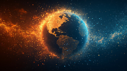 Poster - Glowing Particle Earth with Fiery Data Stream in Digital Space