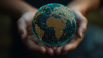 Poster - Hands Holding a Glowing 3D Globe Made of Digital Network Particles