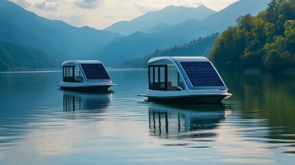 Two solar powered electric boats gently floating on a calm serene lake illustrating the potential of renewable energy in water transportation