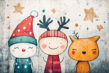 A joyful illustration of festive characters, including a snowman, reindeer, and a fox, celebrating the holiday season.