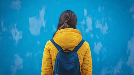 Wall Mural - Woman in Yellow Jacket Facing Blue Wall