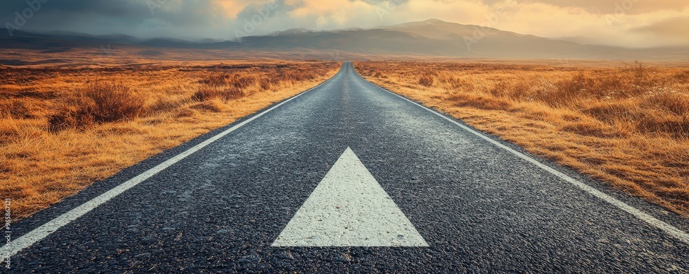 Empty road with a white arrow pointing towards the horizon, embodying ...