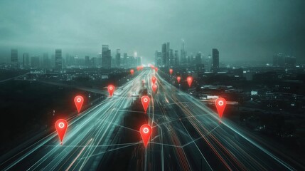 Leinwandbilder - A high-angle cinematic view of a modern cityscape with digital red pins, location icons, and street signs floating over the streets, set against a dark grey sky. This visually captures the integration