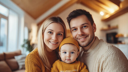 A young family stands proudly in their new house, symbolizing the joy of homeownership and family togetherness. Perfect for concepts related to residential living and family life.