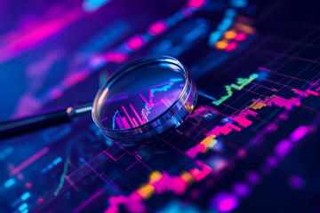 Poster - A magnifying glass over a colorful financial graph, symbolizing analysis and data insights.