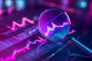 Poster - A magnifying glass over a digital graph depicting data trends and analysis.