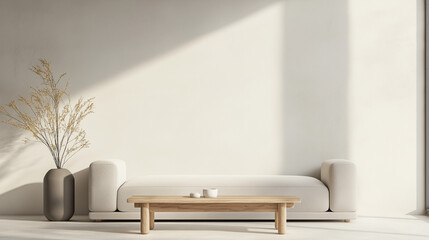 Wall Mural - A white couch and coffee table sit in front of a white wall