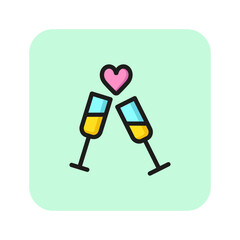 Poster - Wedding party line icon. Two glasses, heart, champagne. Wedding concept. Vector illustration can be used for topics like marriage, merry, love, family