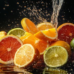 Sticker - Citrus fruits splashing in water against a black background.