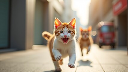 Wall Mural - two cats are running down the street, and one of them has opened the door.