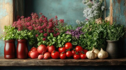 A Rustic Table Setting Featuring Fresh Vegetables and Herbs Perfect for Farm-to-Table Cuisine Imagery