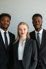 Three people in suits pose for a photo. The woman in the middle is smiling and the man on the left is wearing a tie. The photo has a professional and formal mood