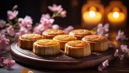 Delicious mooncakes with candles and festive cake with icing for a sweet celebration.