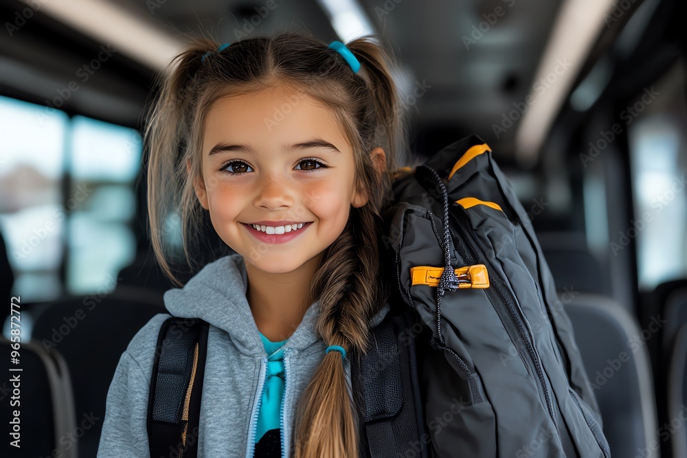 Girl with a duffle bag boarding a tour bus, eager for the next stop on ...