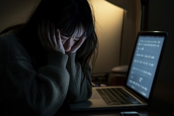 A dramatized portrait of a scared and stressed Asian Korean teenage girl victim of cyberbullying stalked by a mobile phone and laptop