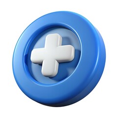 A 3D rendered. glossy blue button with a white plus sign.